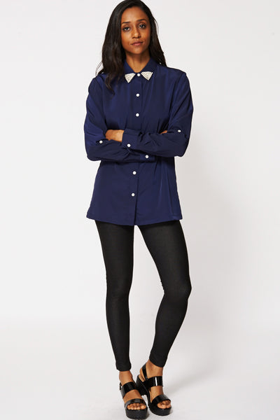 Faux Pearl Collar Detail Shirt with Optional Tabs in Navy Blue Ex-Branded