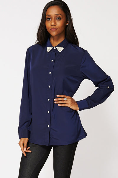 Faux Pearl Collar Detail Shirt with Optional Tabs in Navy Blue Ex-Branded