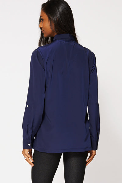 Faux Pearl Collar Detail Shirt with Optional Tabs in Navy Blue Ex-Branded