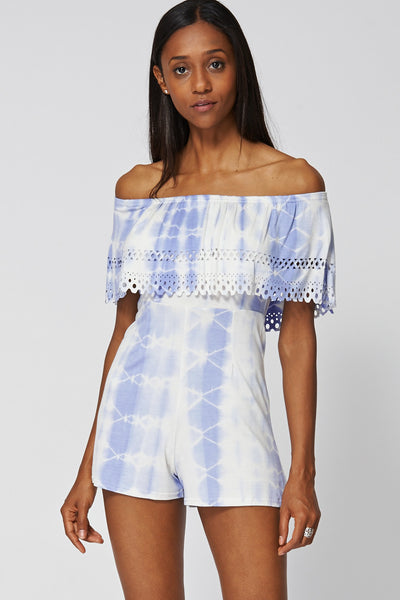 Blue Off The Shoulder Tie Dye Playsuit