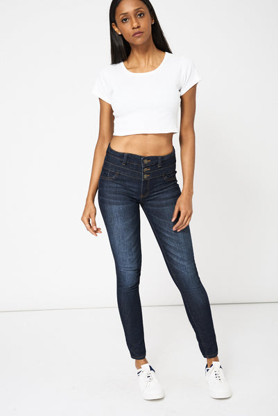 Navy High Waist Three Button Jeans Available In Plus Sizes