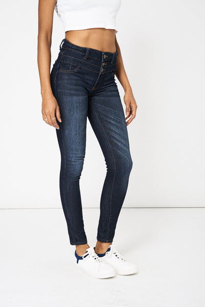 Navy High Waist Three Button Jeans Available In Plus Sizes