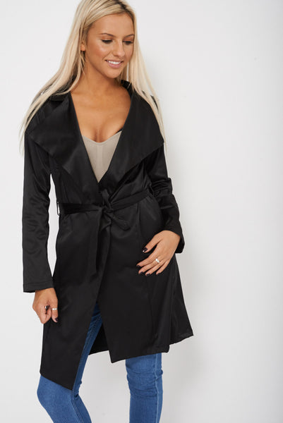 Black Long Sleeve Open Rain Coat With Tie Up Belt