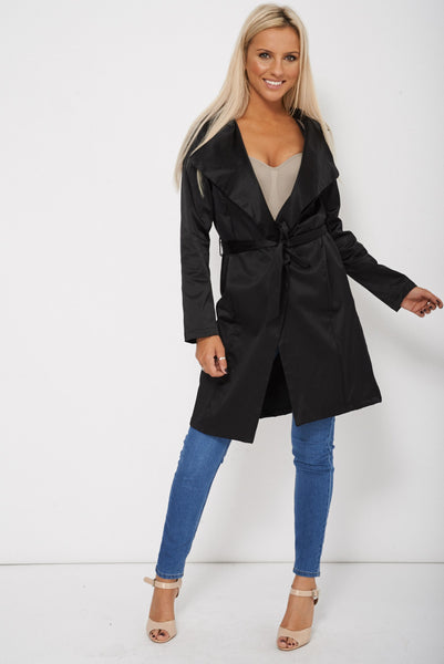 Black Long Sleeve Open Rain Coat With Tie Up Belt