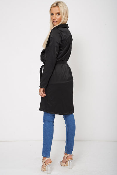 Black Long Sleeve Open Rain Coat With Tie Up Belt