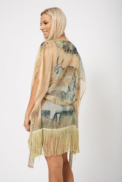 Fringe Wild Life Print Kimono With Belt