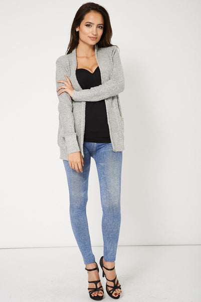 Grey Boucle Cardigan With Slouch Pockets