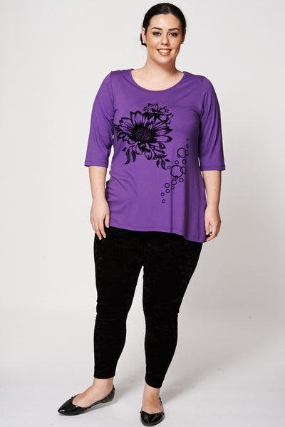 Purple Sunflower Flock Print Dipped Hem Top