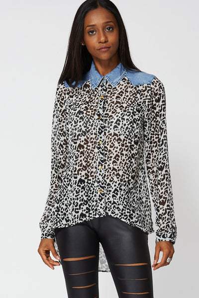 Leopard Print Shirt With Denim Inserts Ex-Branded