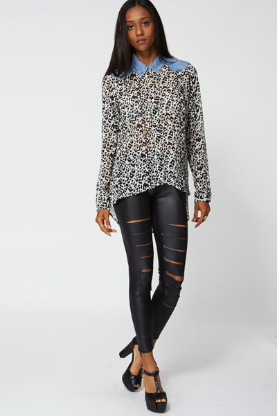 Leopard Print Shirt With Denim Inserts Ex-Branded