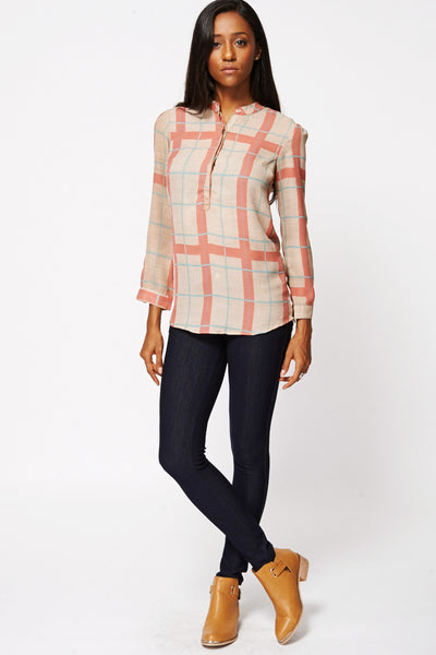 Checked Button-Up Mandarin Collar Blouse Ex-Branded