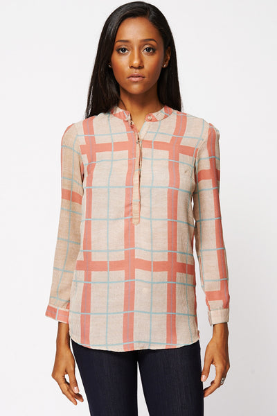 Checked Button-Up Mandarin Collar Blouse Ex-Branded