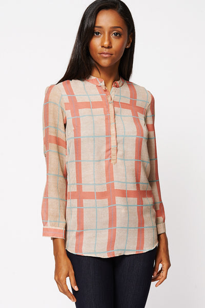 Checked Button-Up Mandarin Collar Blouse Ex-Branded