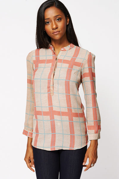 Checked Button-Up Mandarin Collar Blouse Ex-Branded