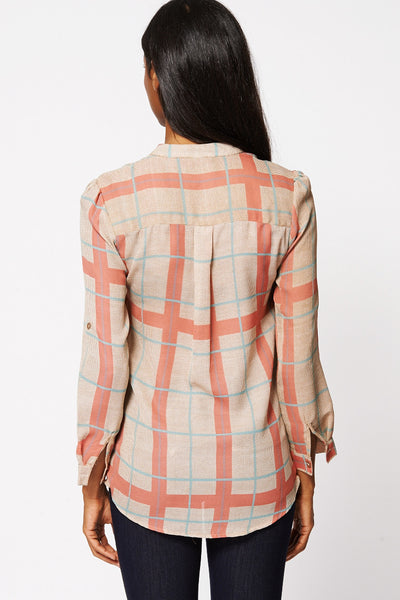 Checked Button-Up Mandarin Collar Blouse Ex-Branded