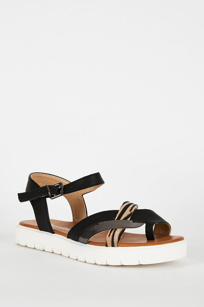 Black Toe Post Sandal With Cleated Sole