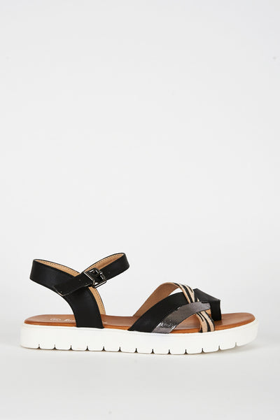 Black Toe Post Sandal With Cleated Sole