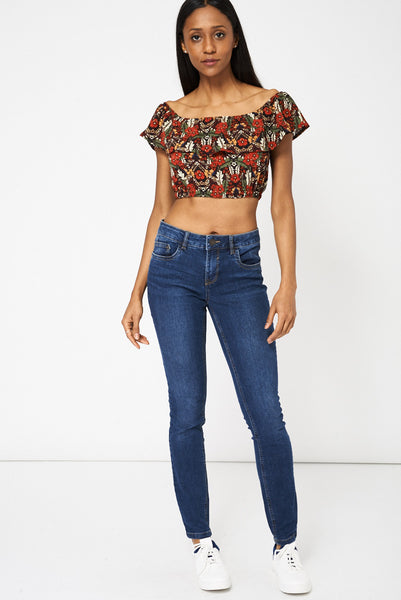 Floral Print Frill Bardot Crop Top