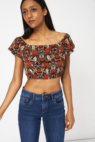 Floral Print Frill Bardot Crop Top