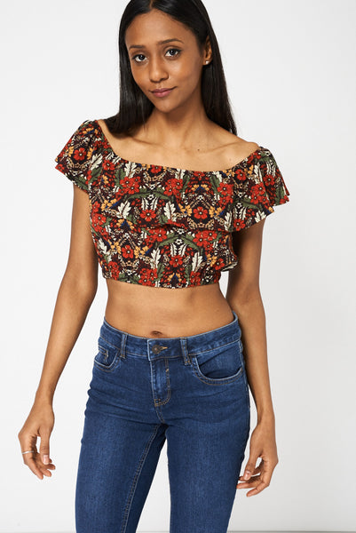 Floral Print Frill Bardot Crop Top