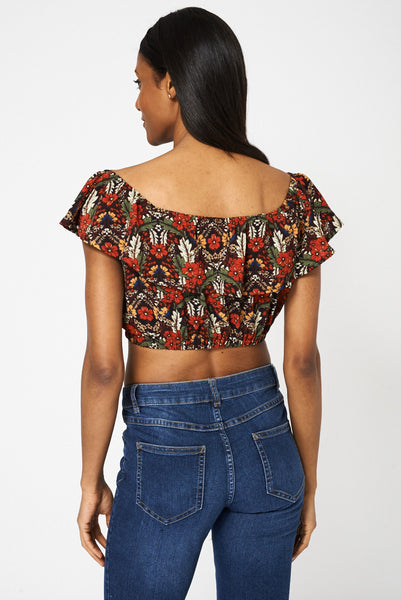 Floral Print Frill Bardot Crop Top