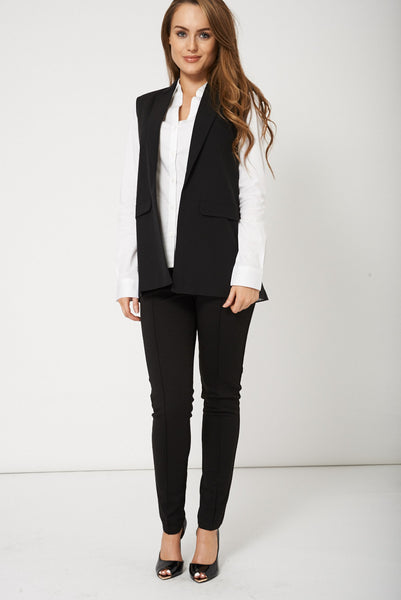 Collared Sleeveless Ladies Blazer With Flap Mock Pockets