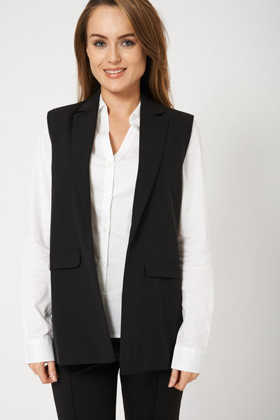 Collared Sleeveless Ladies Blazer With Flap Mock Pockets