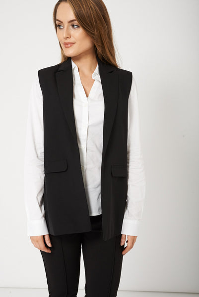 Collared Sleeveless Ladies Blazer With Flap Mock Pockets