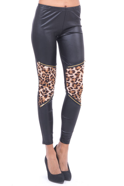 Satin Look Leggings with Leopard Print Detail
