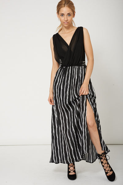 Dashing Black And White Striped Dress With Side Split