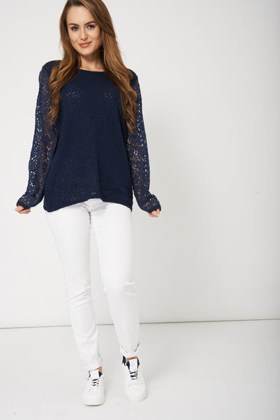 Posh Navy Jumper With Lace Fabric Sleeve