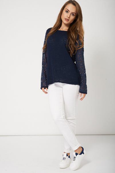 Posh Navy Jumper With Lace Fabric Sleeve