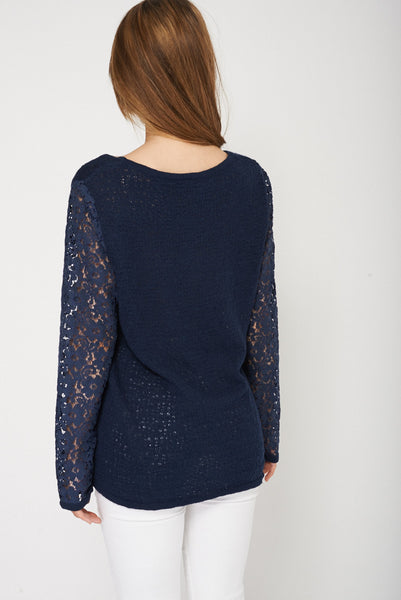 Posh Navy Jumper With Lace Fabric Sleeve