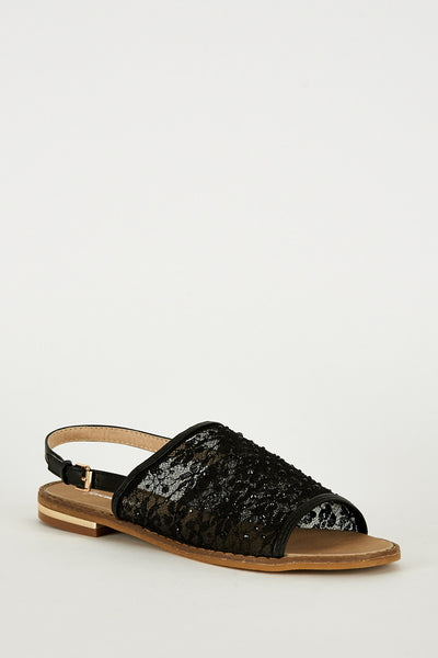 Black Sandals with Netting and Diamante Detail