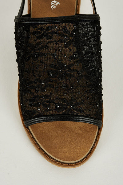 Black Sandals with Netting and Diamante Detail