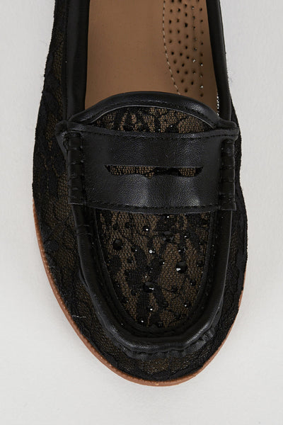 Black Diamante Lace Loafer Shoe