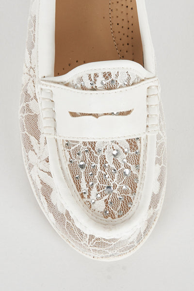 White Diamante Lace Loafer Shoe