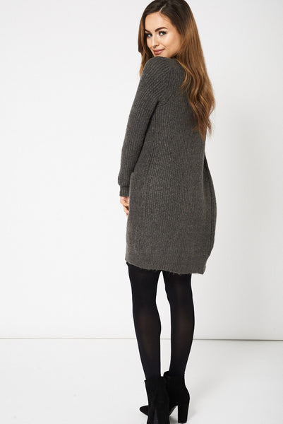 Dark Grey Knitted Open Front Cardigan With Pockets