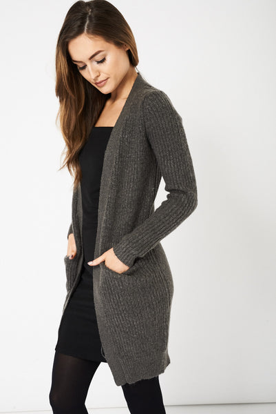 Dark Grey Knitted Open Front Cardigan With Pockets