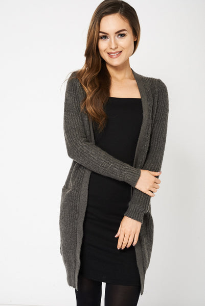 Dark Grey Knitted Open Front Cardigan With Pockets