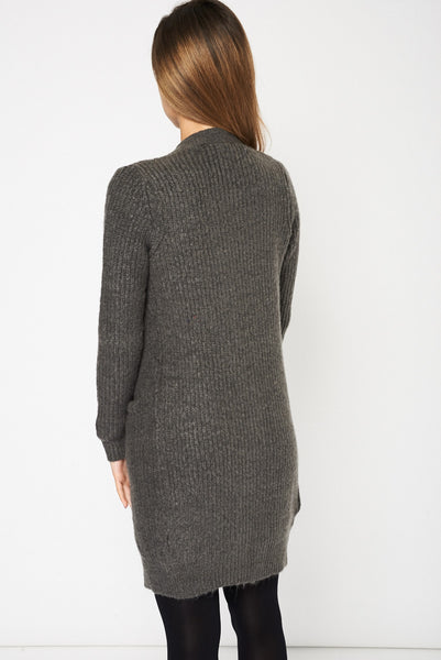 Dark Grey Knitted Open Front Cardigan With Pockets