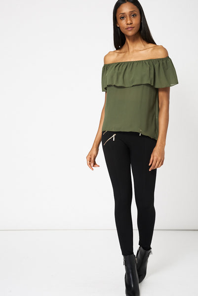 Khaki Sleeveless Off The Shoulder Frill Top Ex-Branded