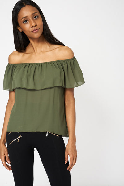 Khaki Sleeveless Off The Shoulder Frill Top Ex-Branded