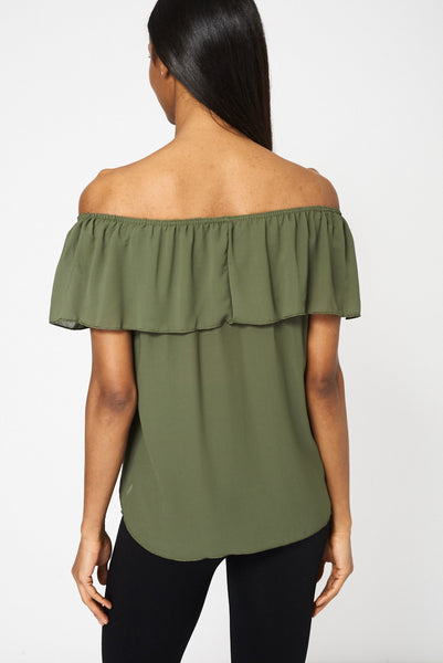 Khaki Sleeveless Off The Shoulder Frill Top Ex-Branded