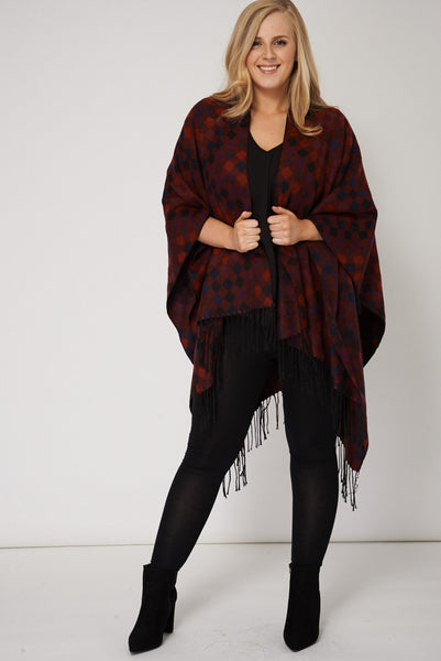 Fringed Poncho With Diamond Patch Pattern