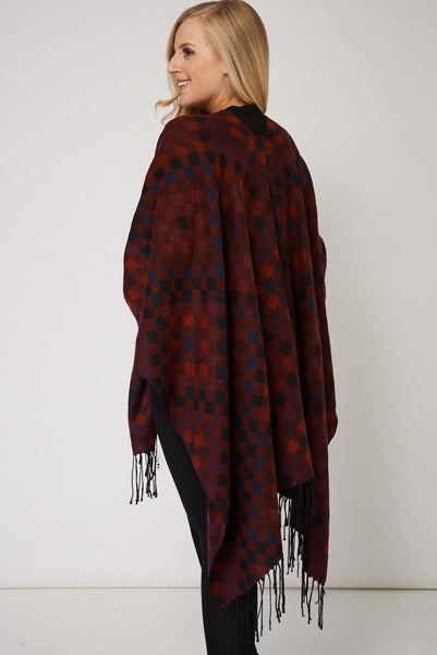 Fringed Poncho With Diamond Patch Pattern