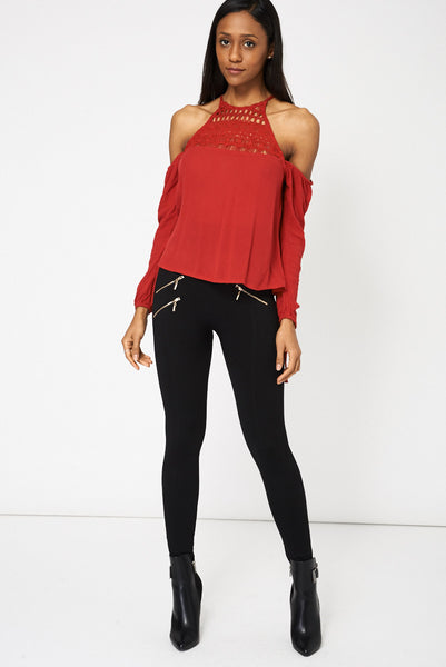 Red Lace Detail Cold Shoulder Top