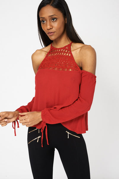 Red Lace Detail Cold Shoulder Top