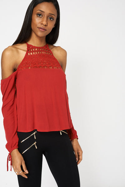 Red Lace Detail Cold Shoulder Top