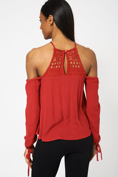 Red Lace Detail Cold Shoulder Top
